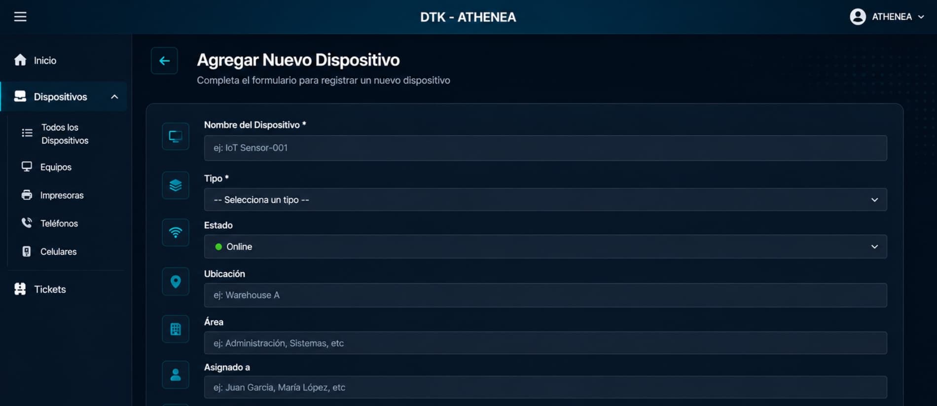 Formulario de registro de un nuevo dispositivo