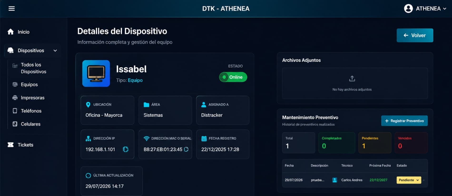 Ficha técnica con adjuntos e historial de preventivos