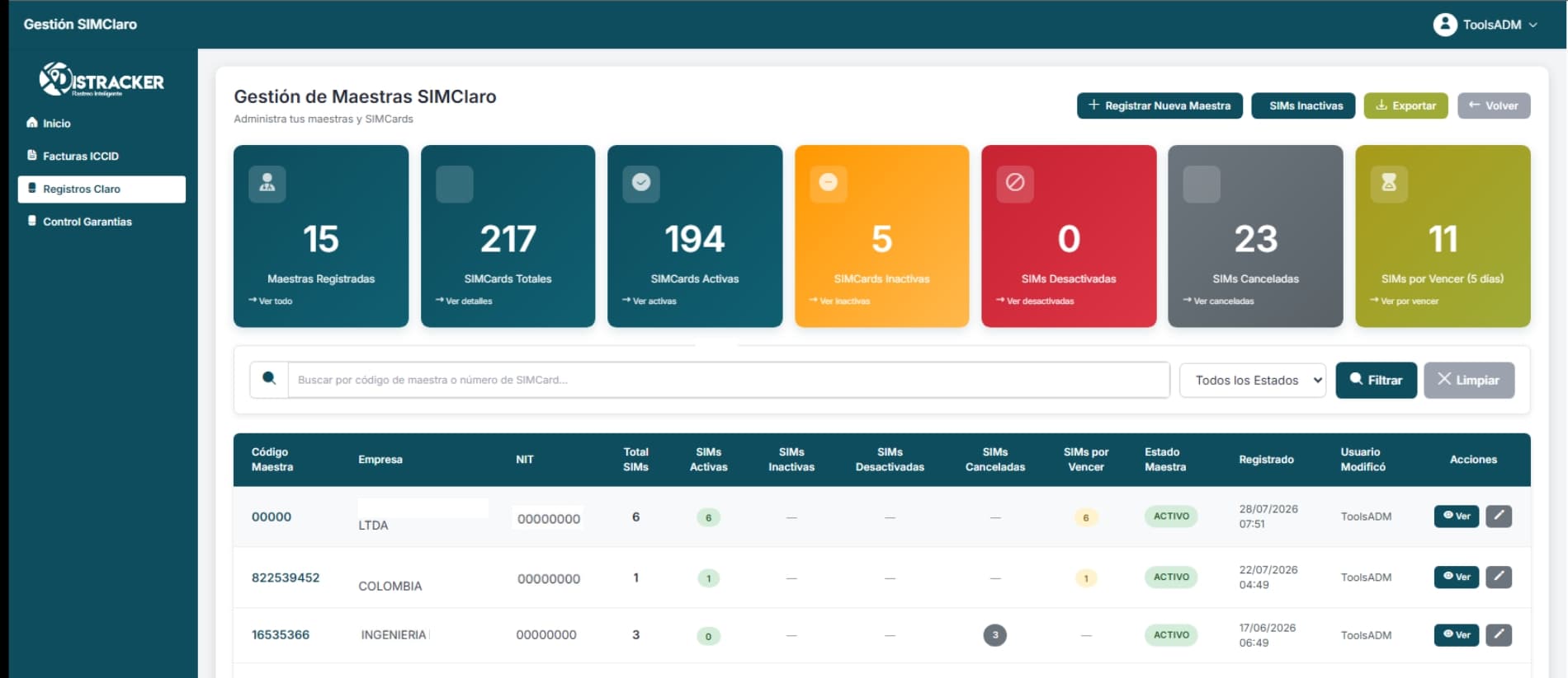 Control de cuentas maestras y SIMs por vencer